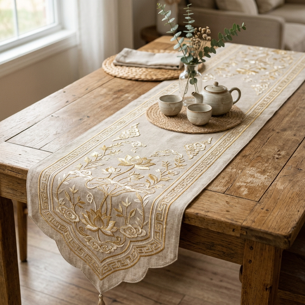 Khăn trải bàn thêu chỉ vàng trên vải beige