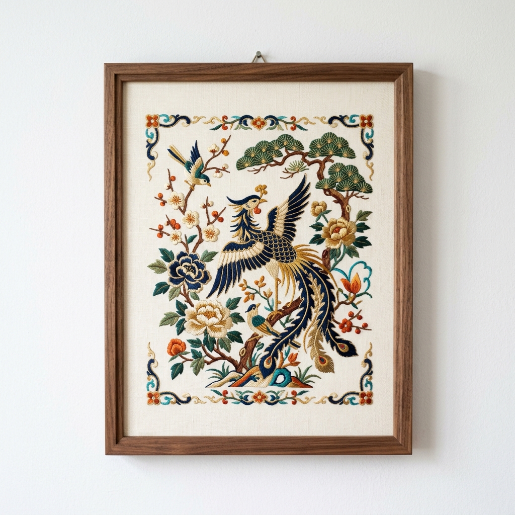 Tranh thêu phượng hoàng truyền thống treo tường — khung gỗ