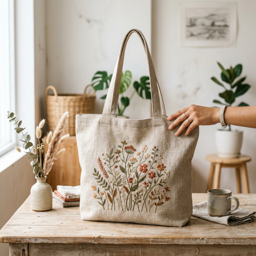 Túi tote thêu hoa cỏ đồng quê — vải lanh tự nhiên
